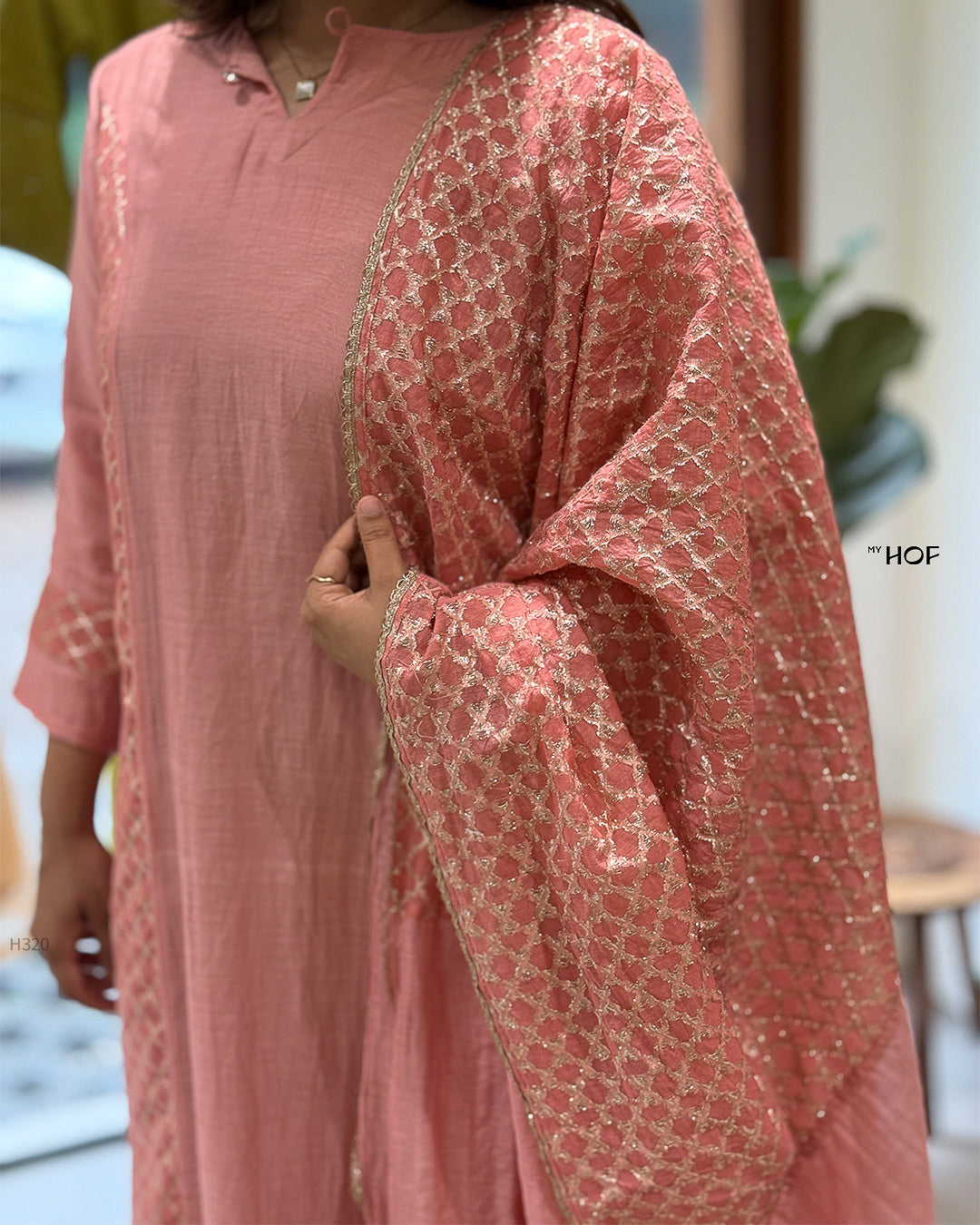 MY HOF Candy Pink Suit Set In Mul Chanderi