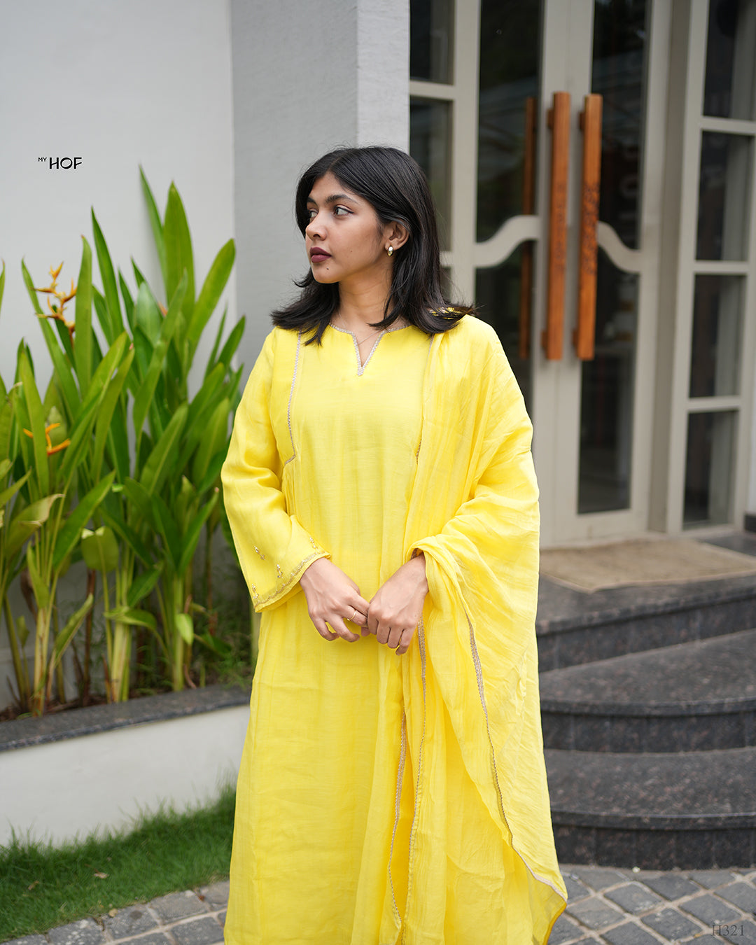MY HOF Yellow Suit Set With Hand Embroidery In Mul Chanderi