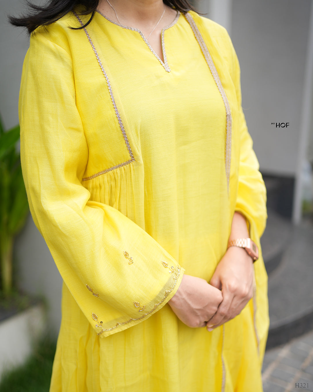 MY HOF Yellow Suit Set With Hand Embroidery In Mul Chanderi