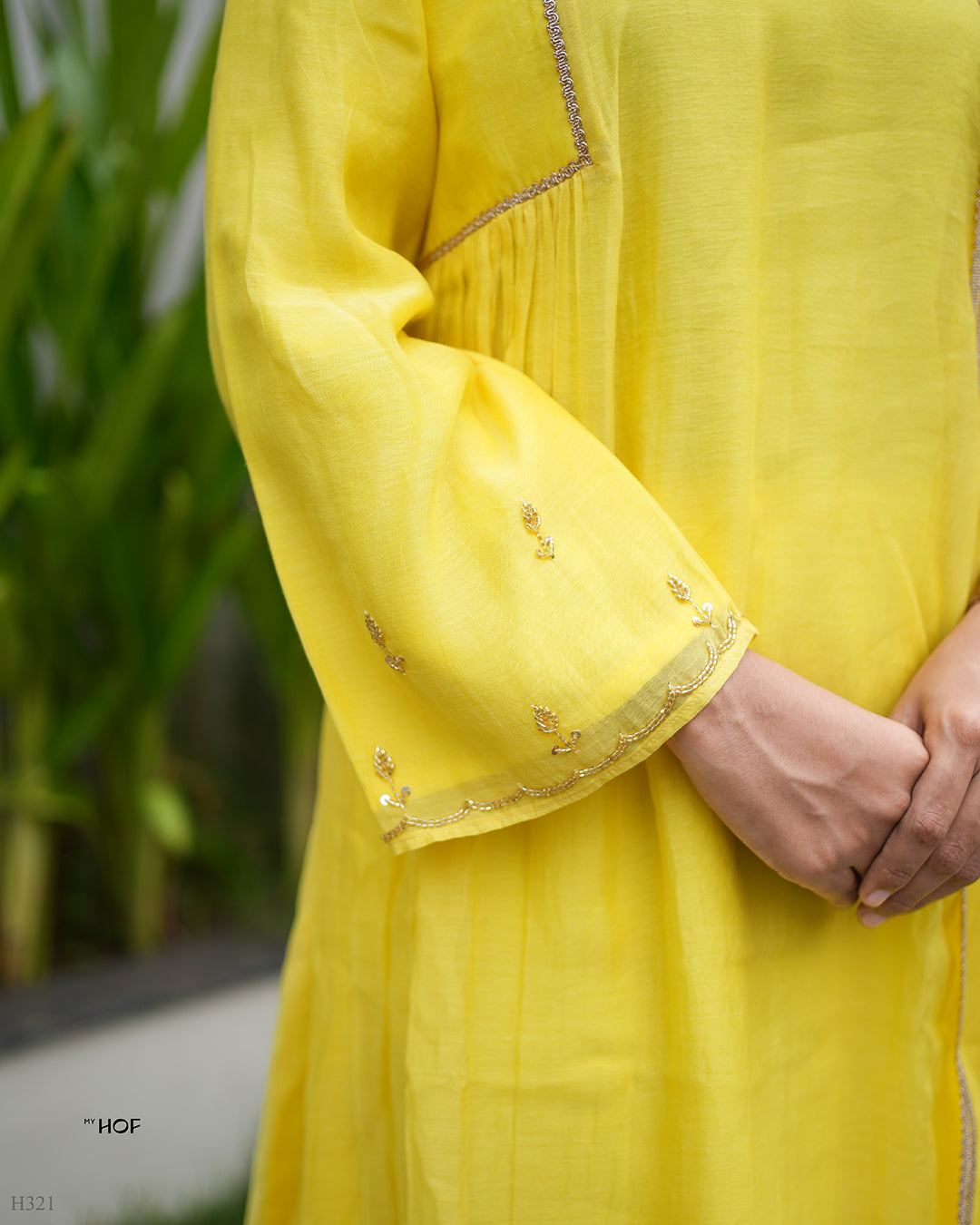 MY HOF Yellow Suit Set With Hand Embroidery In Mul Chanderi