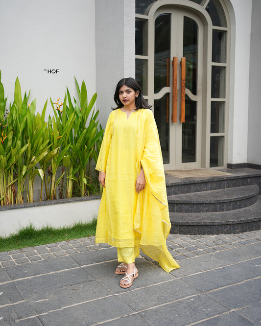 MY HOF Yellow Suit Set With Hand Embroidery In Mul Chanderi