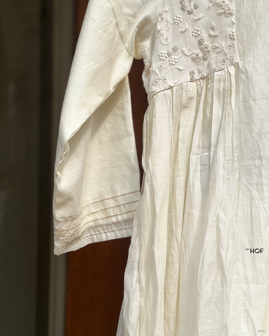 MY HOF Off White Suit Set With Organza Butta Dupatta In Mul Chanderi