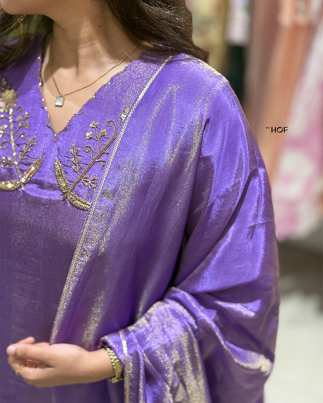 MY HOF Goldish Violet Suit Set With Hand Embroidery In Tissue Silk