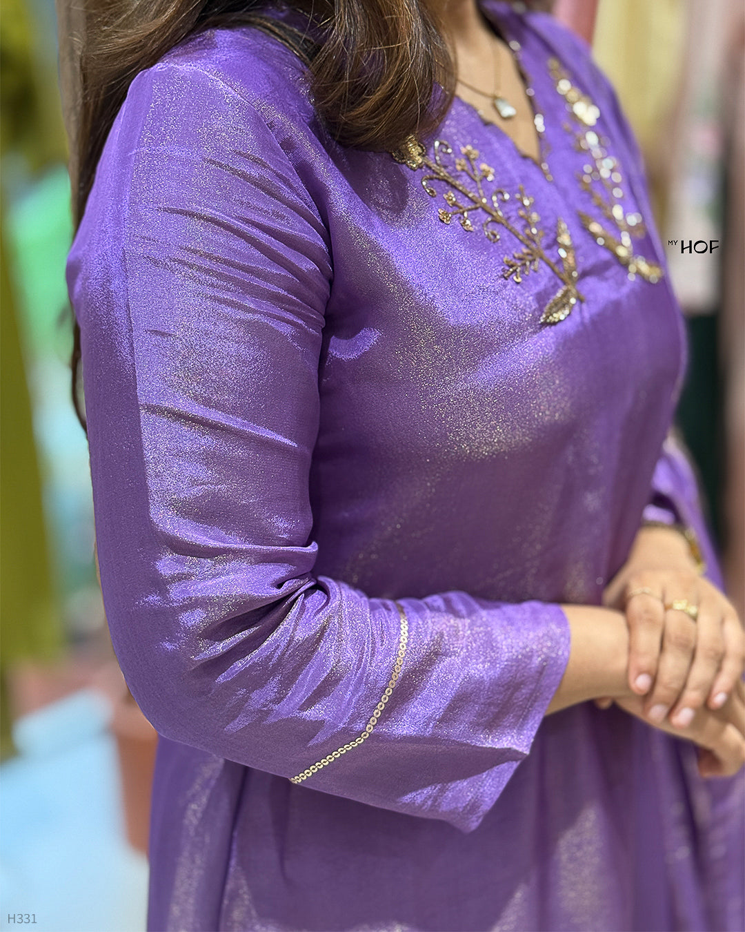 MY HOF Goldish Violet Suit Set With Hand Embroidery In Tissue Silk