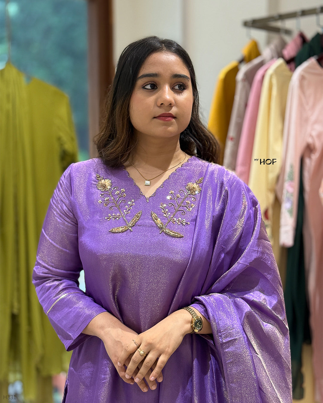 MY HOF Goldish Violet Suit Set With Hand Embroidery In Tissue Silk