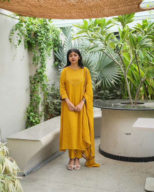 MY HOF Mustard Yellow Suit Set In Georgette