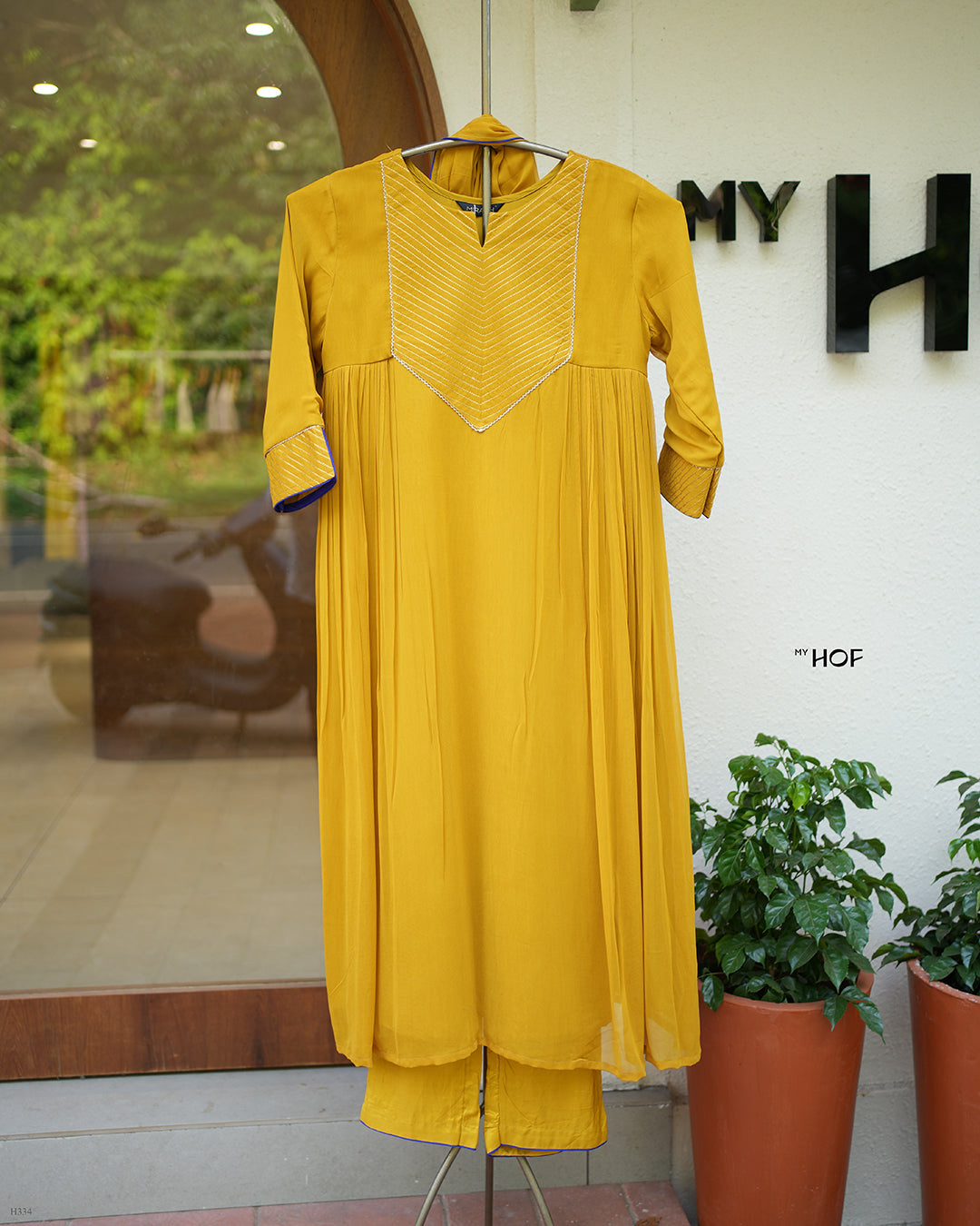 MY HOF Mustard Yellow Suit Set In Georgette