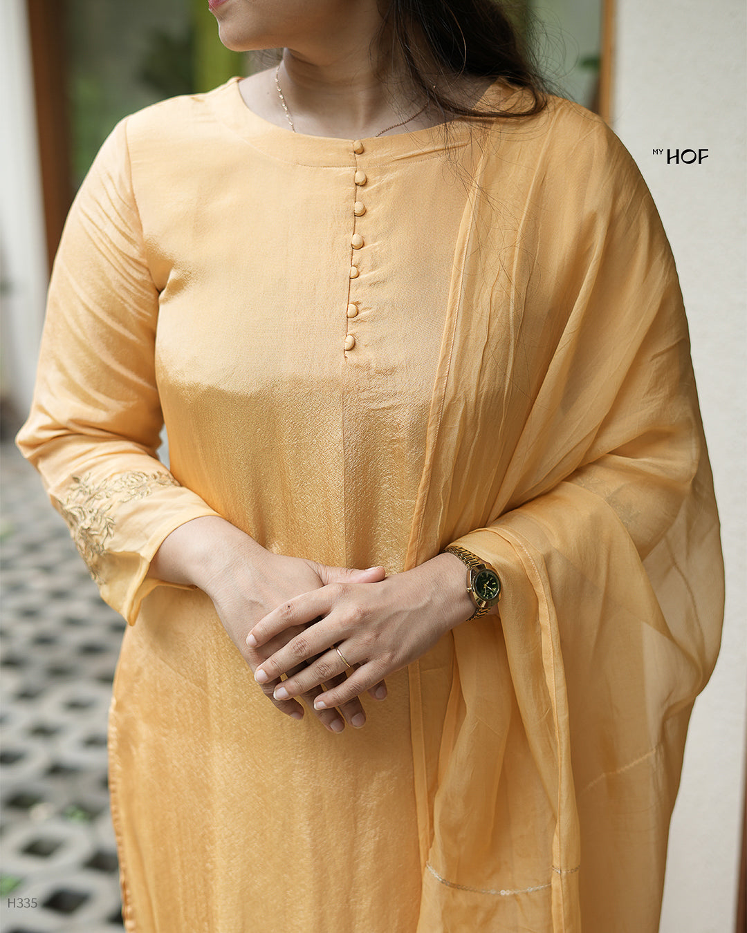 MY HOF Goldish Mustard Yellow Suit Set In Tissue Silk