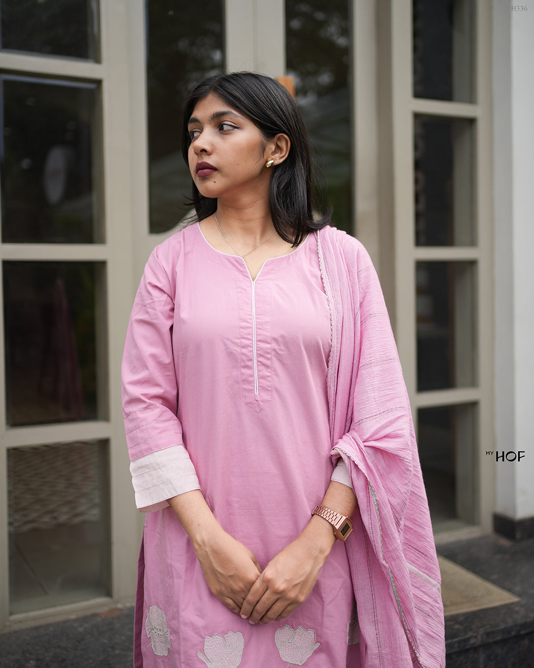 MY HOF Pink Suit Set With Floral Embroidery In cotton