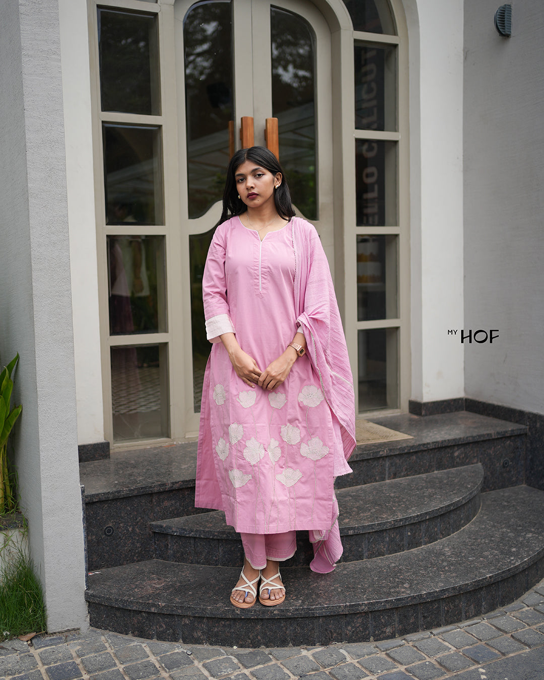 MY HOF Pink Suit Set With Floral Embroidery In cotton