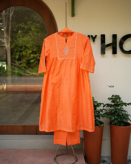 MY HOF Rust Orange Suit Set With Hand Embroidery In Mul Chanderi Fabric