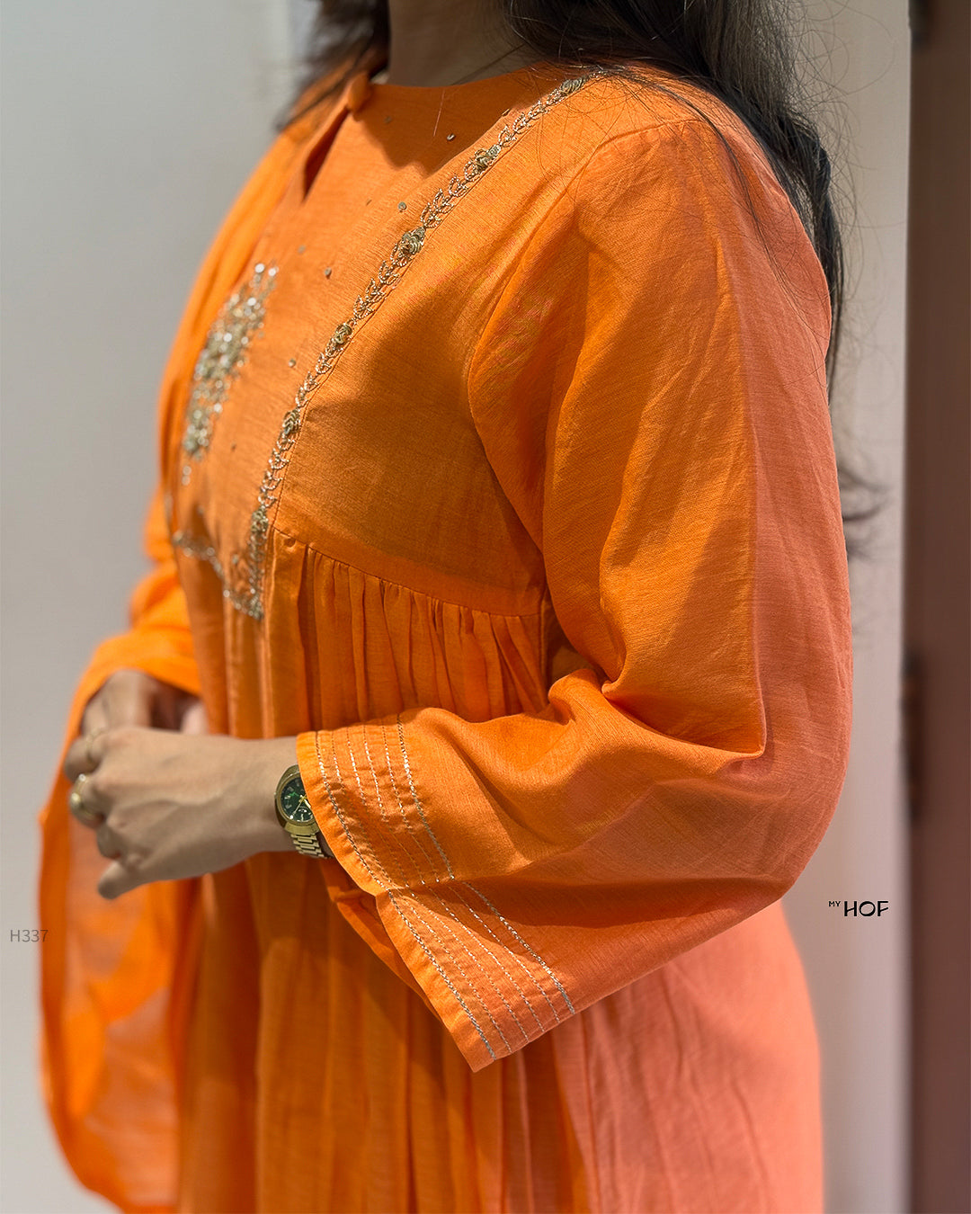 MY HOF Rust Orange Suit Set With Hand Embroidery In Mul Chanderi Fabric