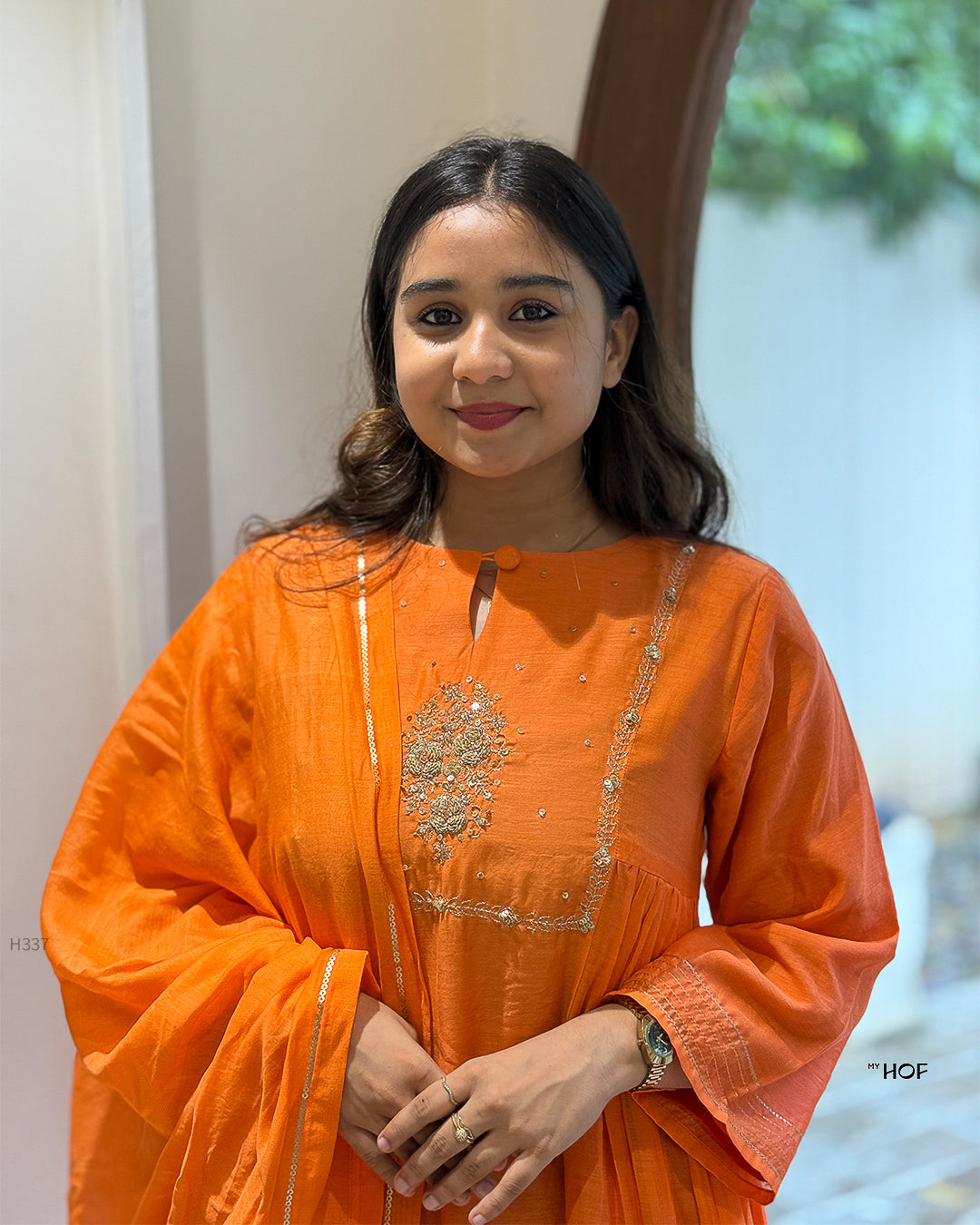 MY HOF Rust Orange Suit Set With Hand Embroidery In Mul Chanderi Fabric