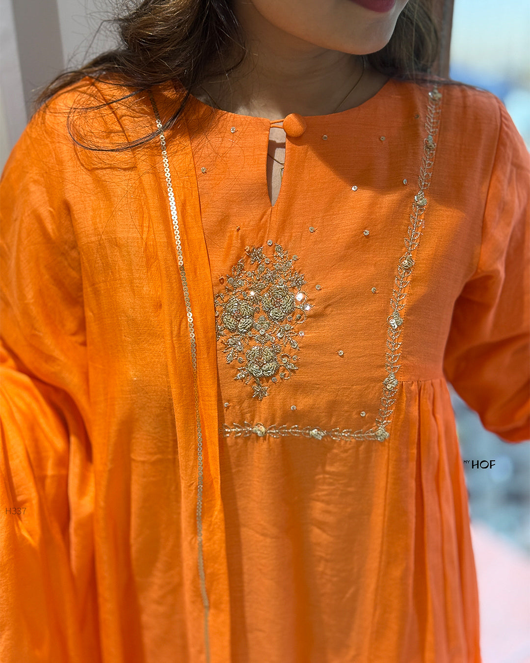 MY HOF Rust Orange Suit Set With Hand Embroidery In Mul Chanderi Fabric