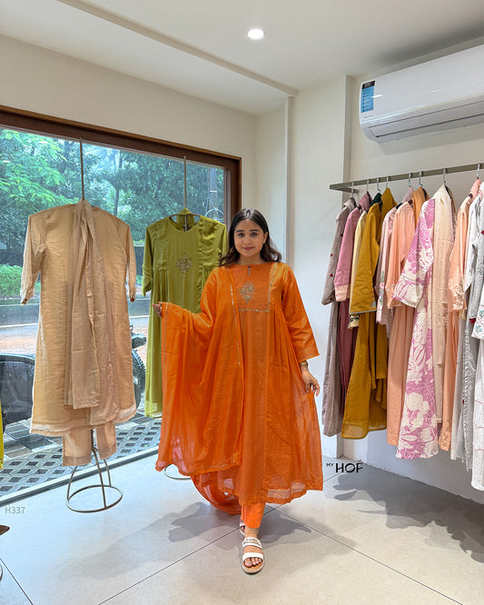 MY HOF Rust Orange Suit Set With Hand Embroidery In Mul Chanderi Fabric