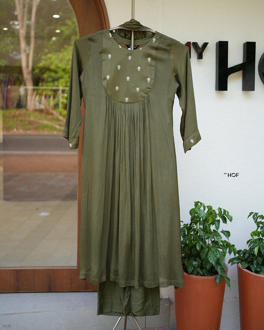 MY HOF Mehendi Green Suit Set In Crepe