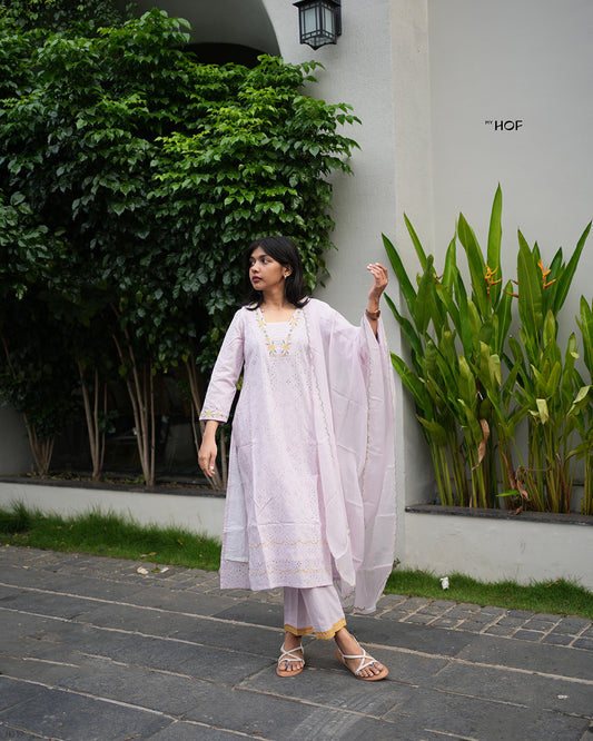 MY HOF Lavender Suit Set With Floral Embroidery In Cotton Hakoba