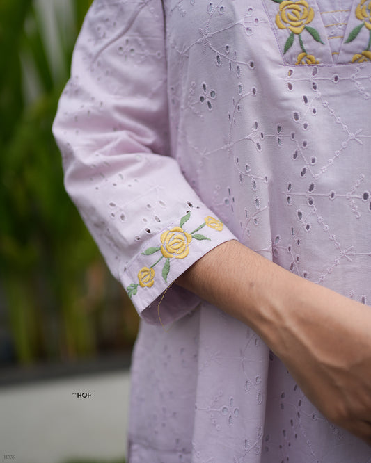 MY HOF Lavender Suit Set With Floral Embroidery In Cotton Hakoba