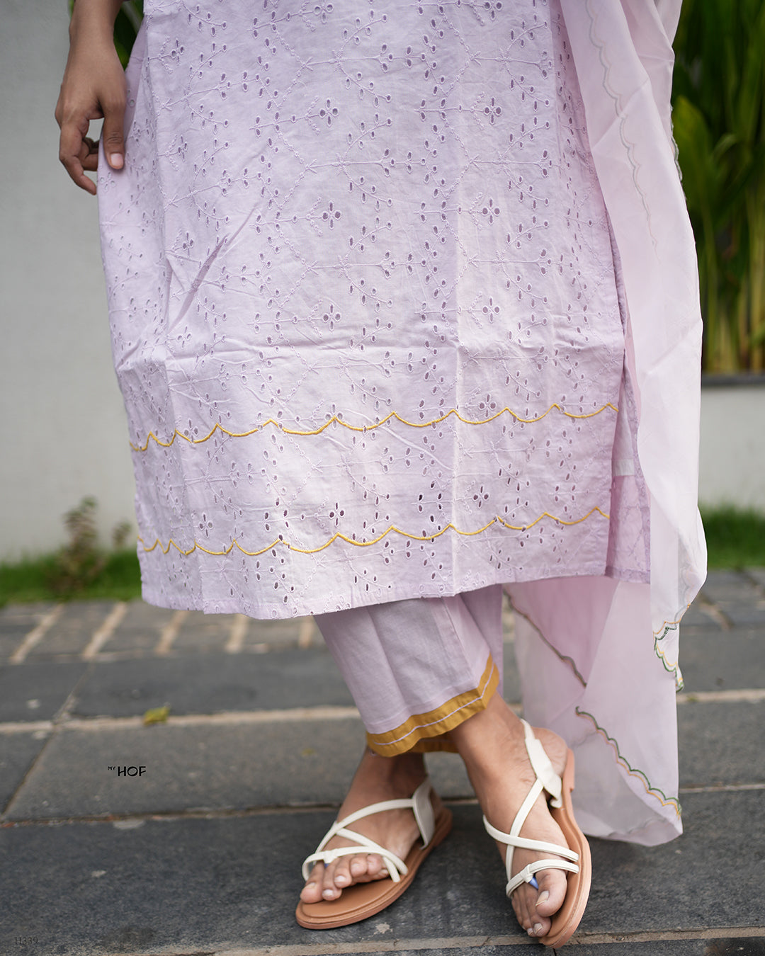 MY HOF Lavender Suit Set With Floral Embroidery In Cotton Hakoba