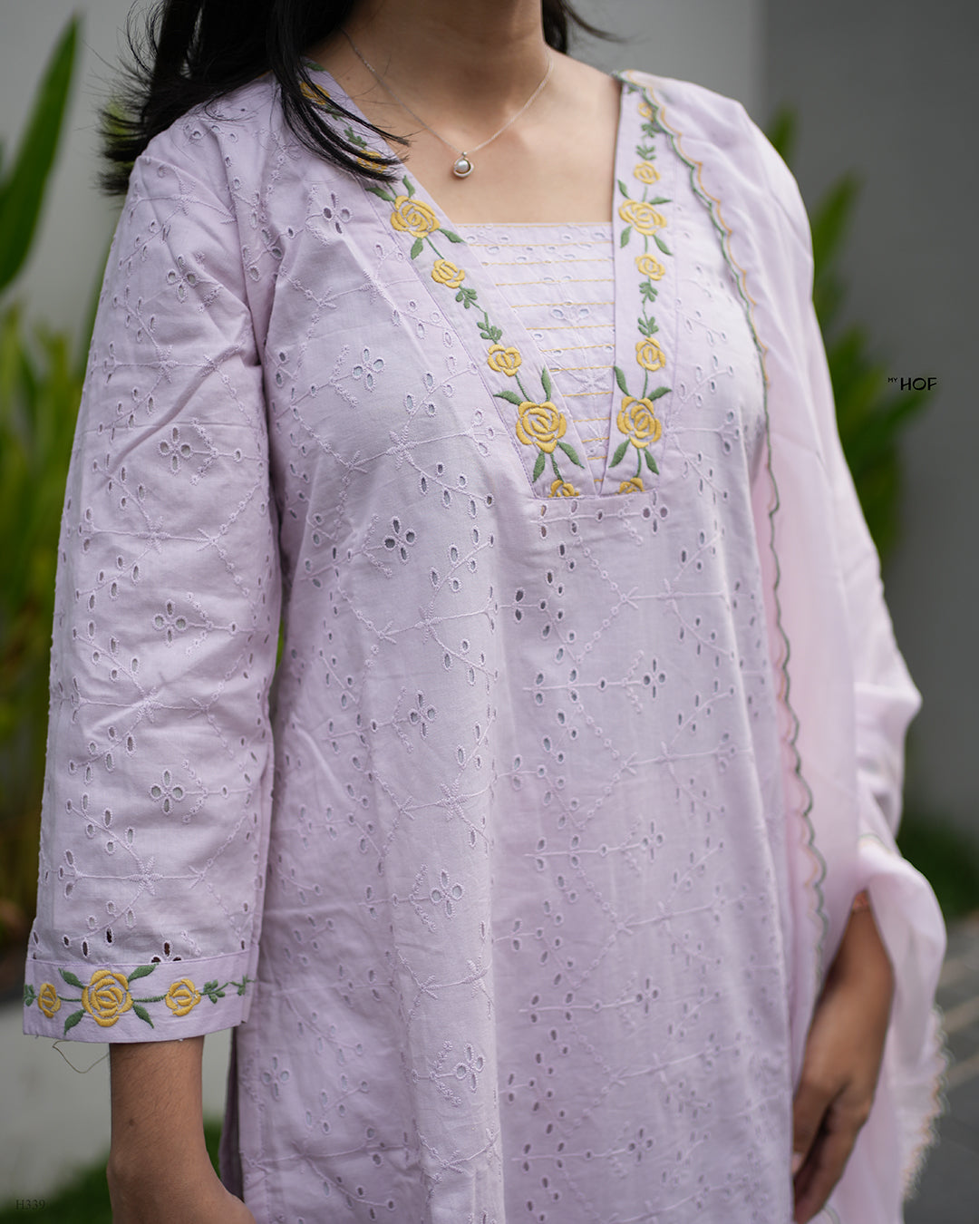 MY HOF Lavender Suit Set With Floral Embroidery In Cotton Hakoba