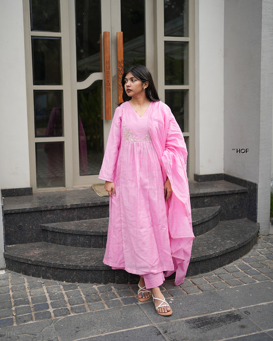 MY HOF Pink Suit Set With Hand Embroidery In Mul Chanderi