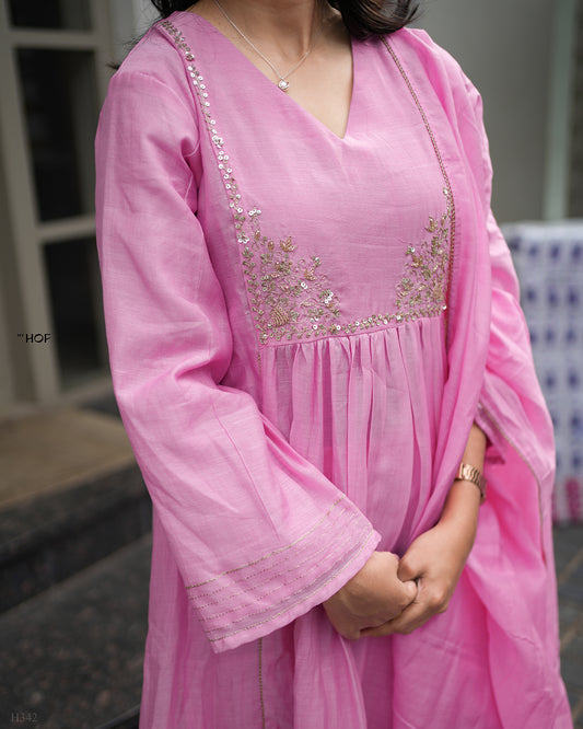 MY HOF Pink Suit Set With Hand Embroidery In Mul Chanderi
