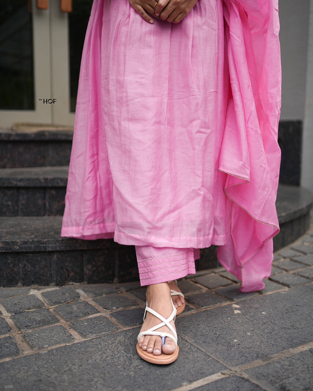 MY HOF Pink Suit Set With Hand Embroidery In Mul Chanderi