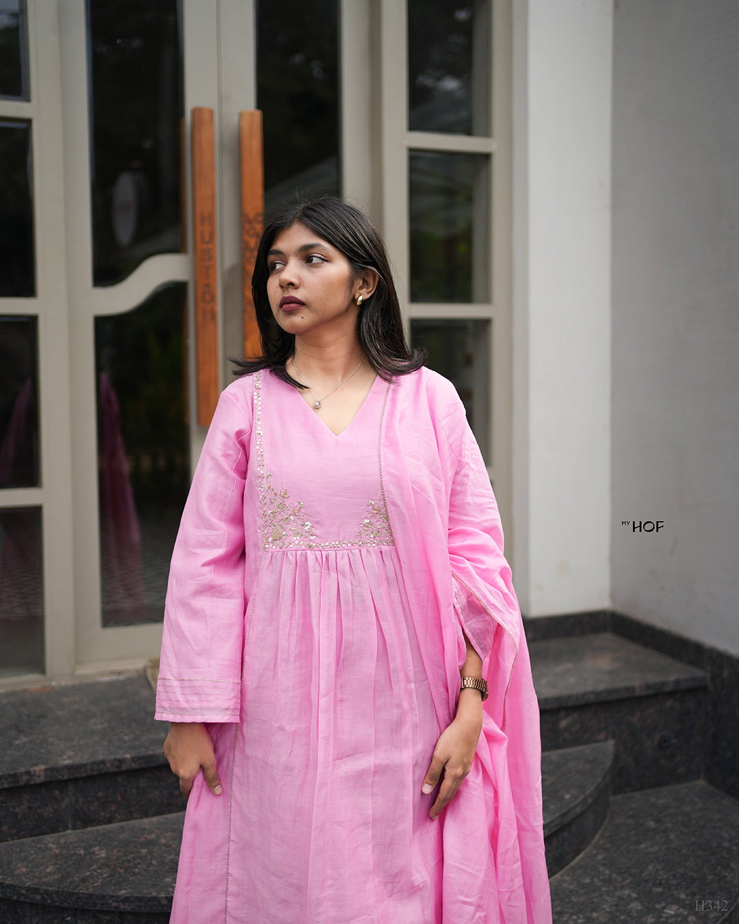 MY HOF Pink Suit Set With Hand Embroidery In Mul Chanderi