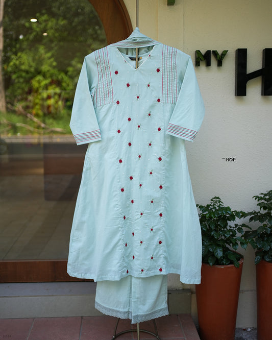 MY HOF Aqua Blue Suit Set With Floral Embroidery In Cotton