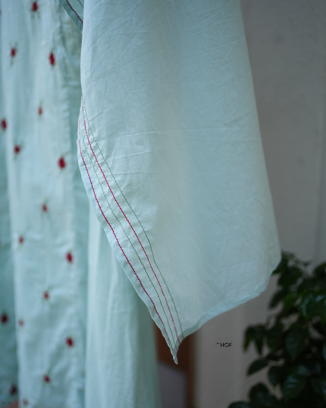 MY HOF Aqua Blue Suit Set With Floral Embroidery In Cotton