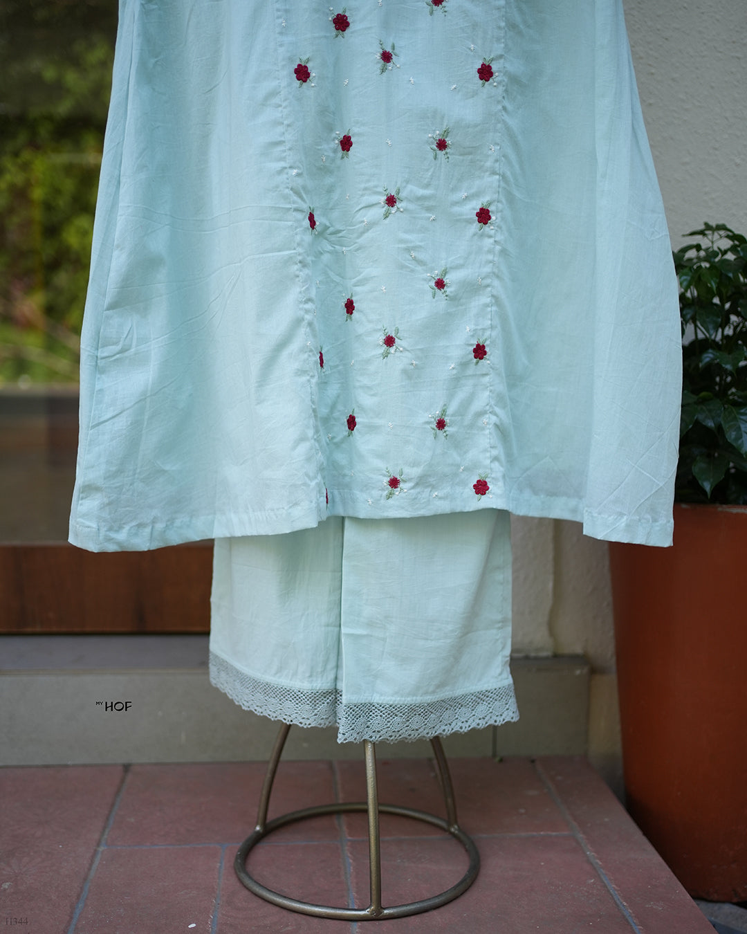 MY HOF Aqua Blue Suit Set With Floral Embroidery In Cotton