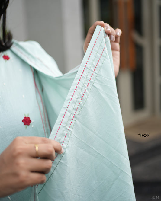 MY HOF Aqua Blue Suit Set With Floral Embroidery In Cotton