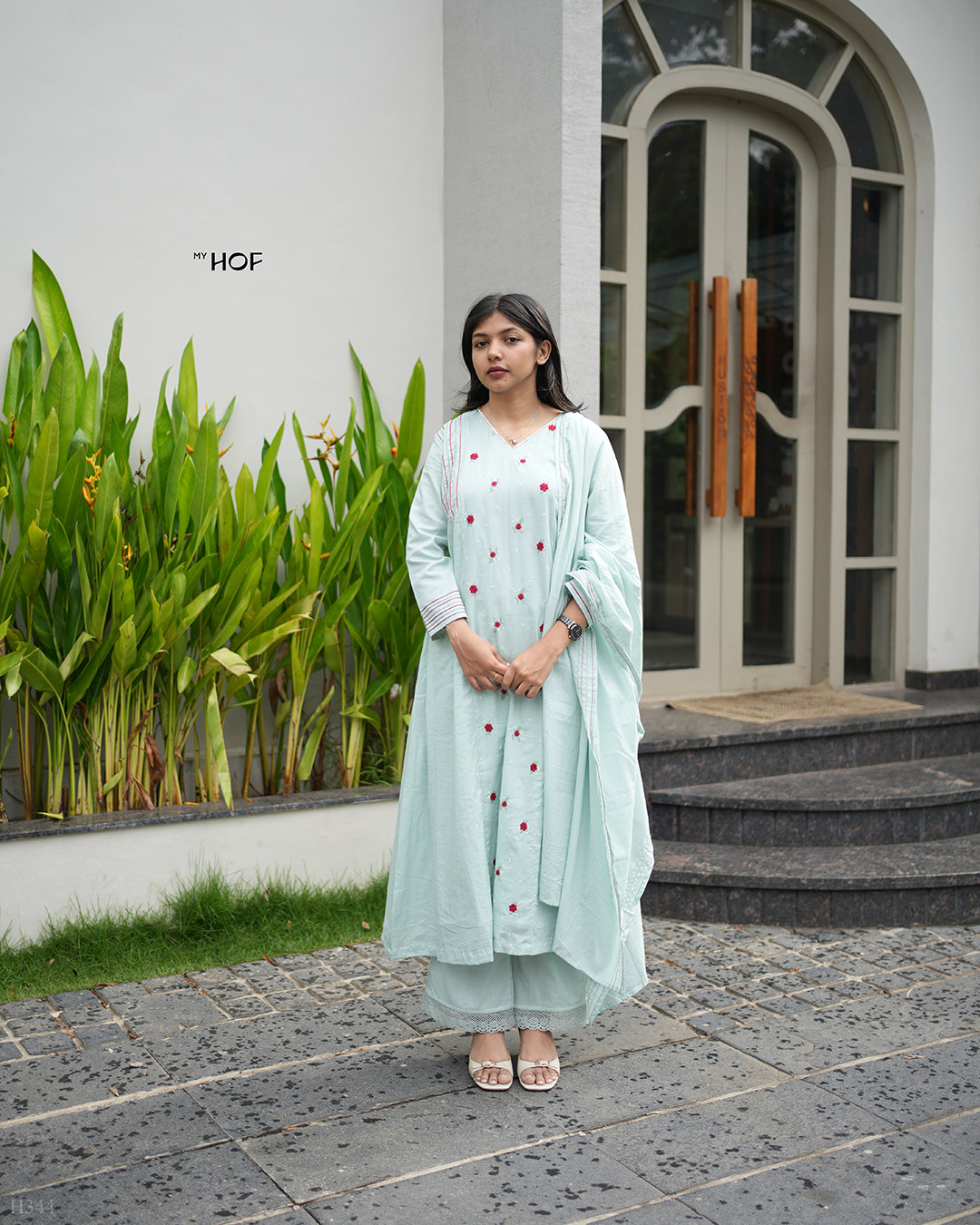 MY HOF Aqua Blue Suit Set With Floral Embroidery In Cotton