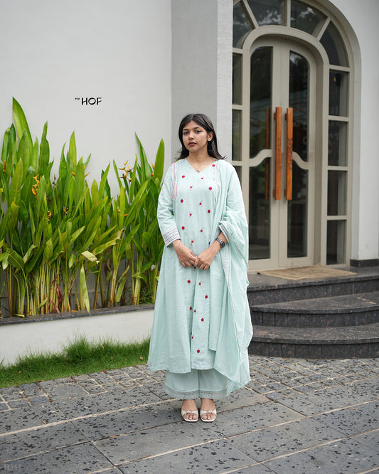 MY HOF Aqua Blue Suit Set With Floral Embroidery In Cotton
