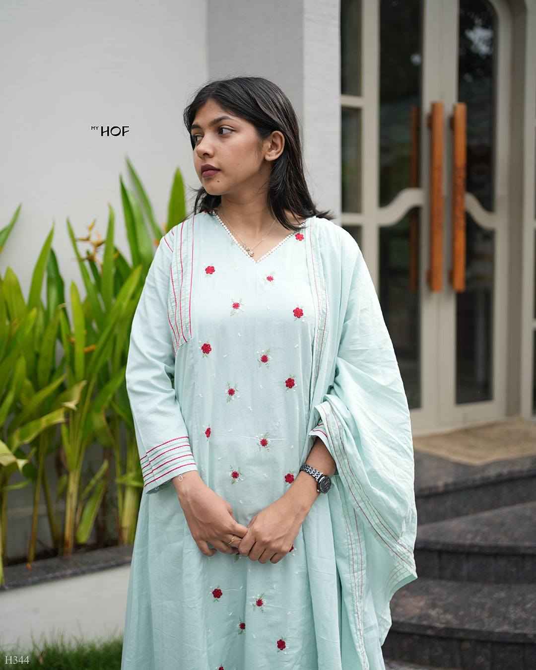 MY HOF Aqua Blue Suit Set With Floral Embroidery In Cotton