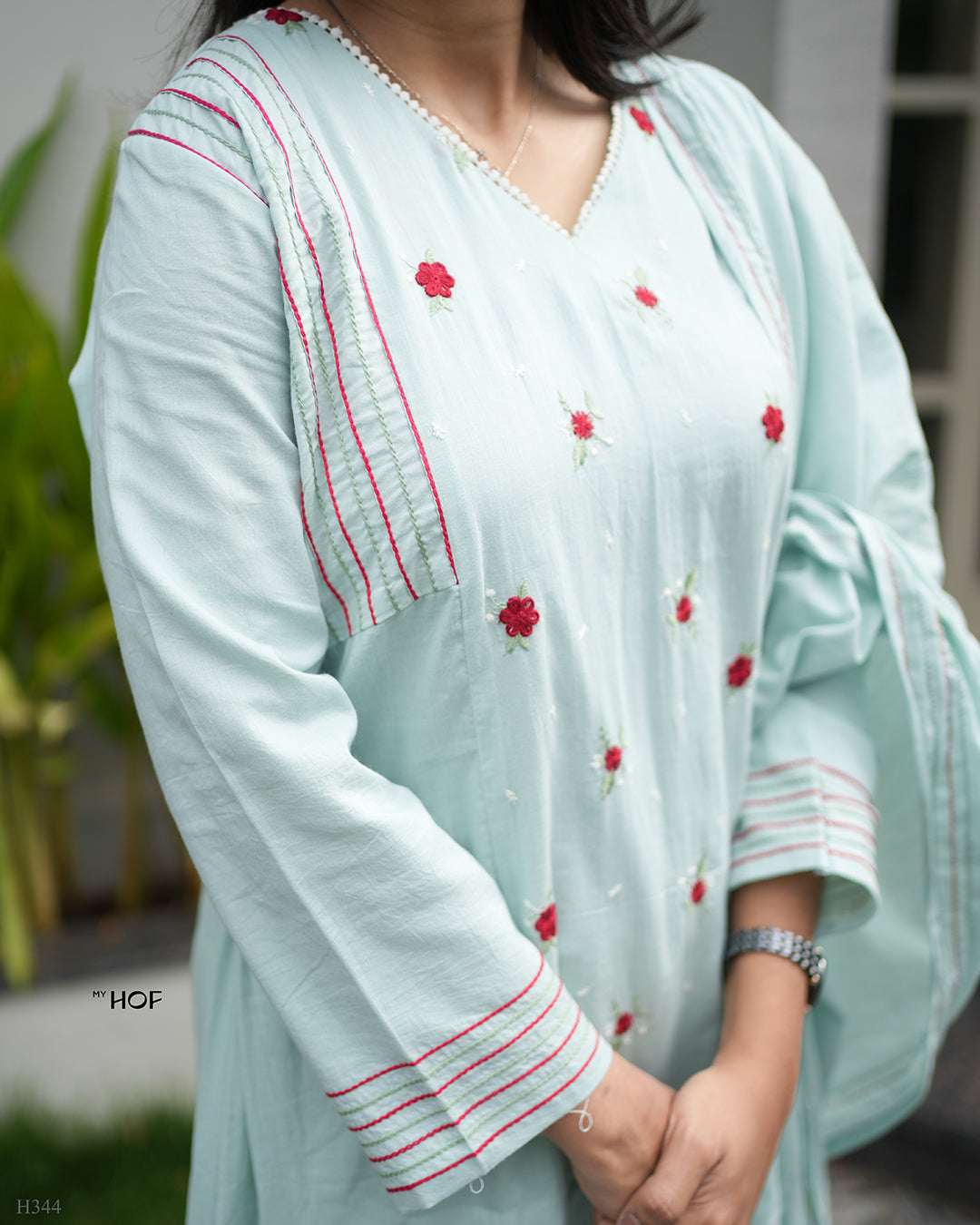 MY HOF Aqua Blue Suit Set With Floral Embroidery In Cotton