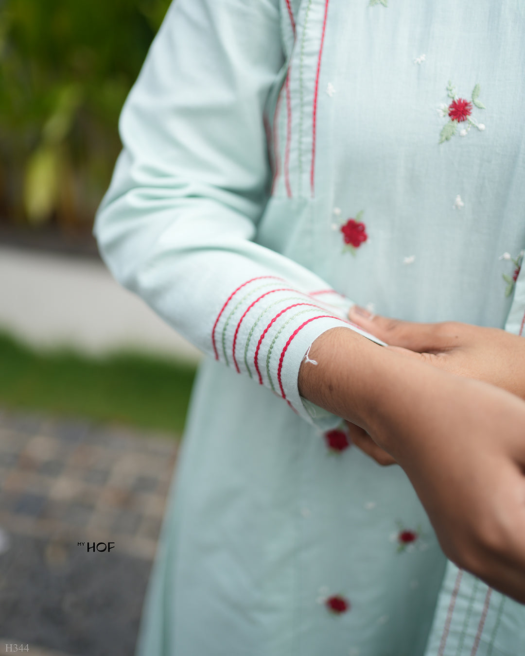 MY HOF Aqua Blue Suit Set With Floral Embroidery In Cotton