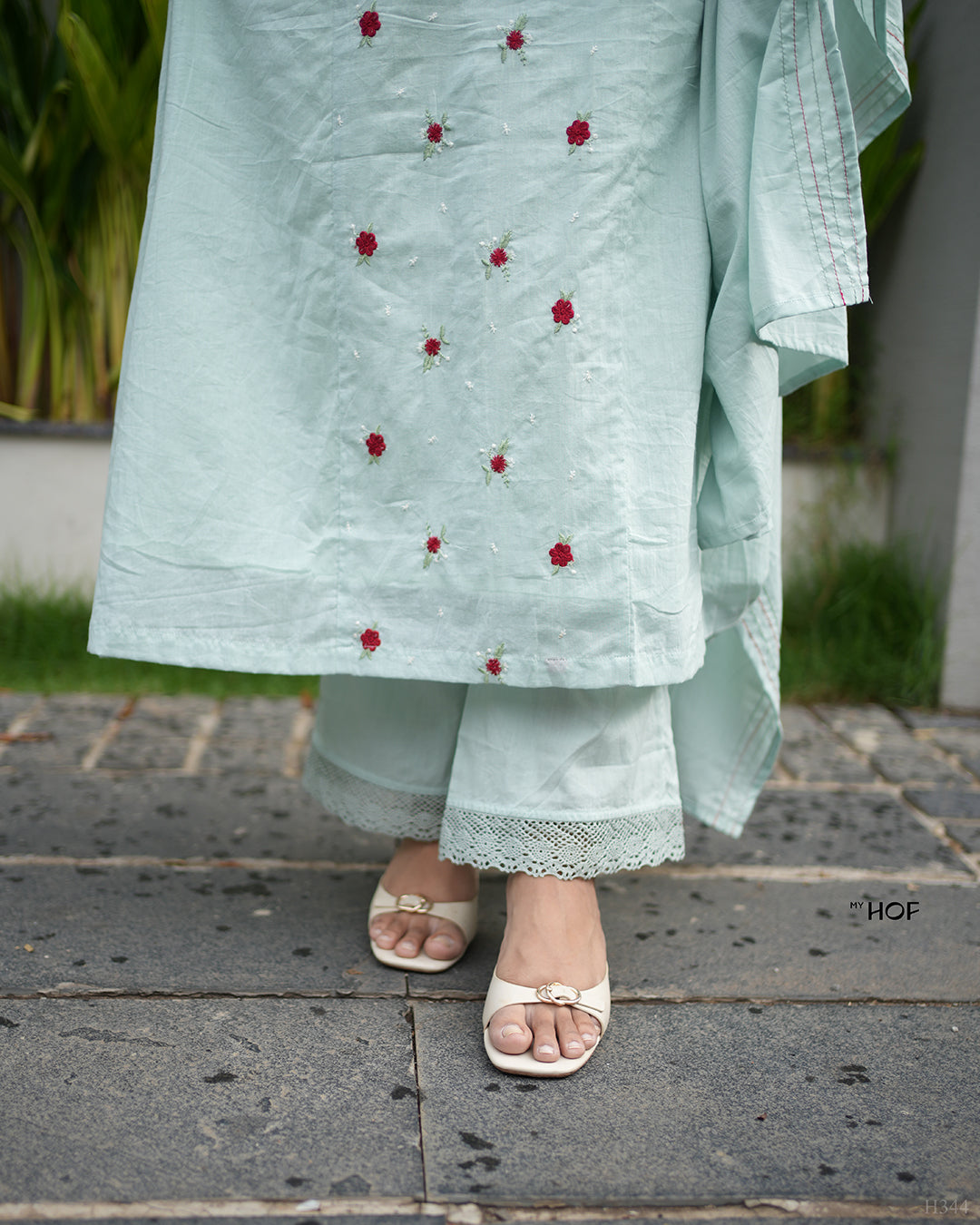 MY HOF Aqua Blue Suit Set With Floral Embroidery In Cotton