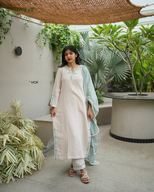 MY HOF Sand Beige Suit Set With Floral Embroidery In Cotton