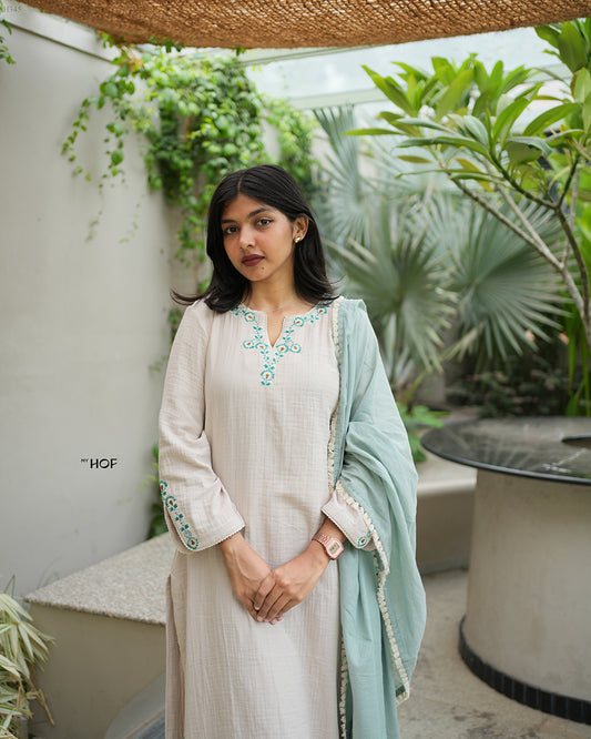 MY HOF Sand Beige Suit Set With Floral Embroidery In Cotton