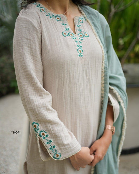 MY HOF Sand Beige Suit Set With Floral Embroidery In Cotton