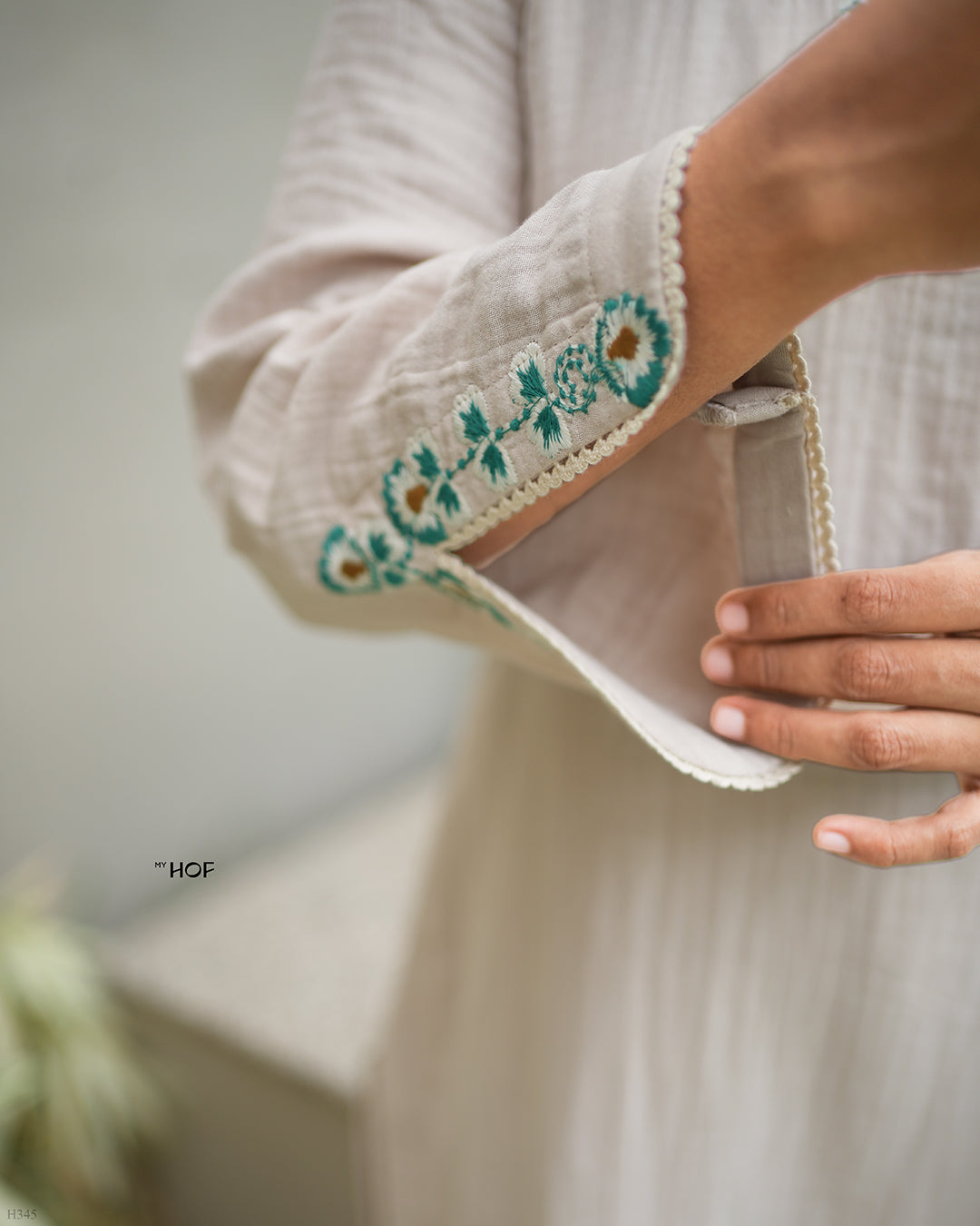 MY HOF Sand Beige Suit Set With Floral Embroidery In Cotton