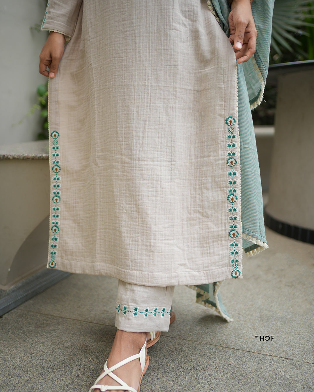 MY HOF Sand Beige Suit Set With Floral Embroidery In Cotton