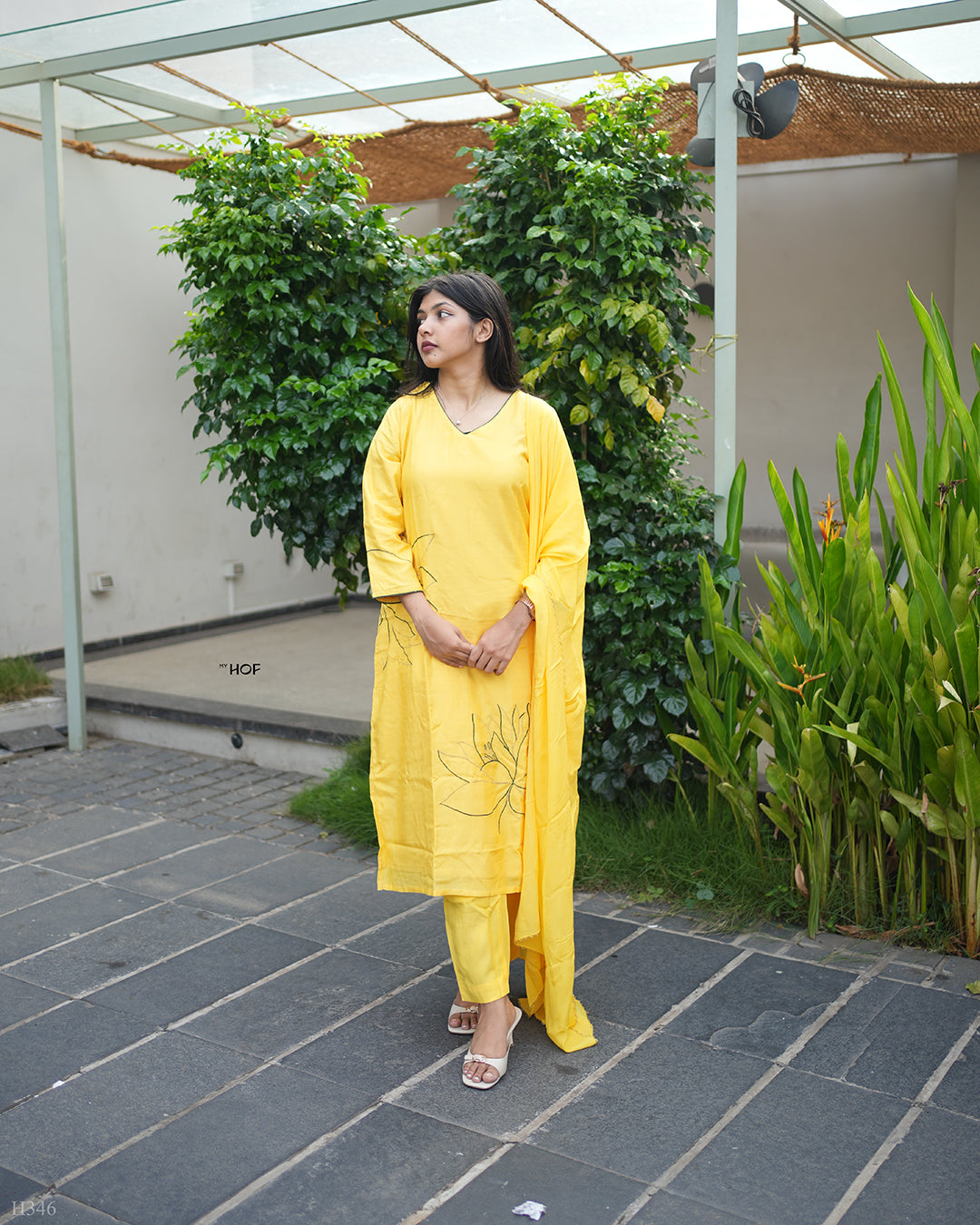 MY HOF Yellow Suit Set With Floral Embroidery Work In Muslin