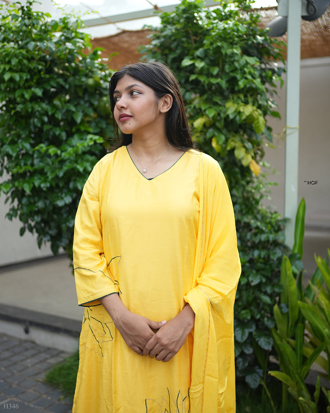 MY HOF Yellow Suit Set With Floral Embroidery Work In Muslin