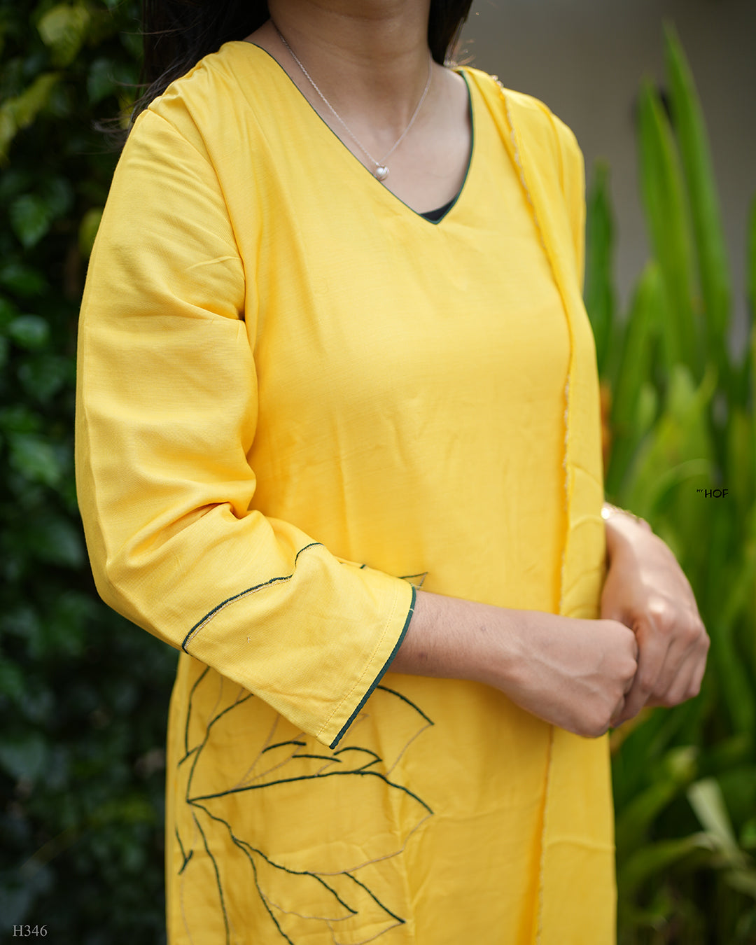 MY HOF Yellow Suit Set With Floral Embroidery Work In Muslin