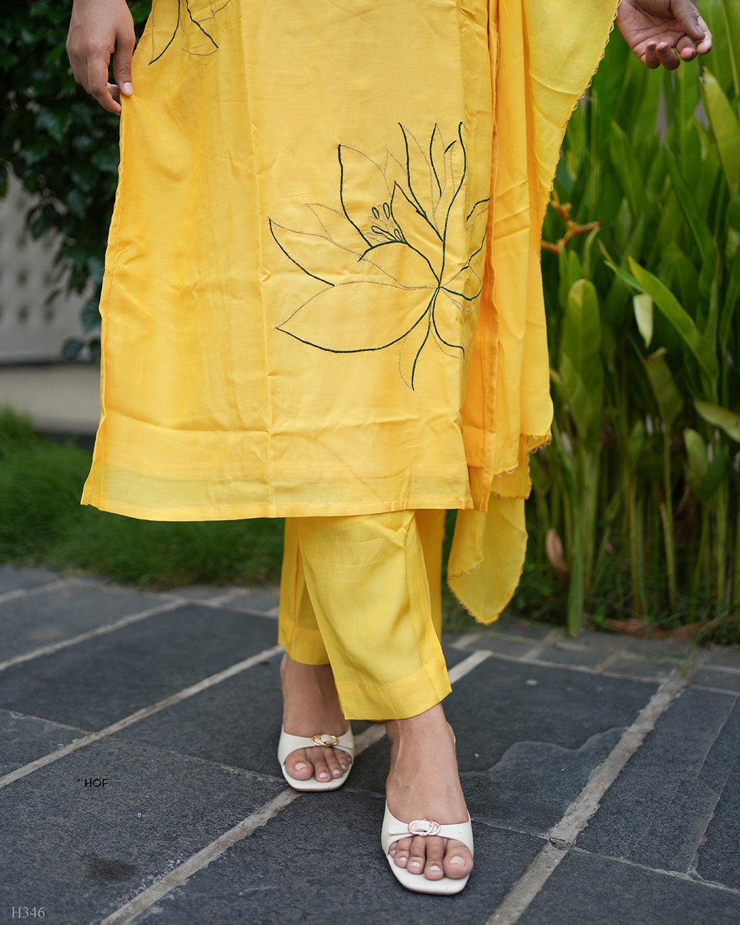 MY HOF Yellow Suit Set With Floral Embroidery Work In Muslin