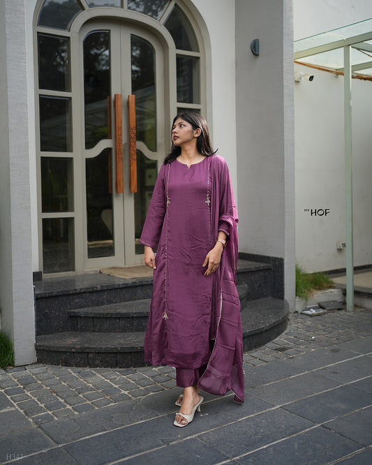 MY HOF Grape Wine Suit Set With Hand Embroidery In crepe
