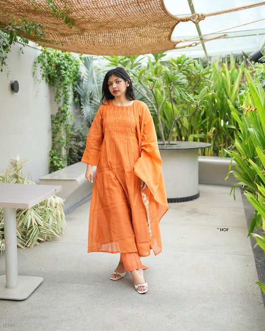 MY HOF Rust Orange Suit Set In Mul Chanderi