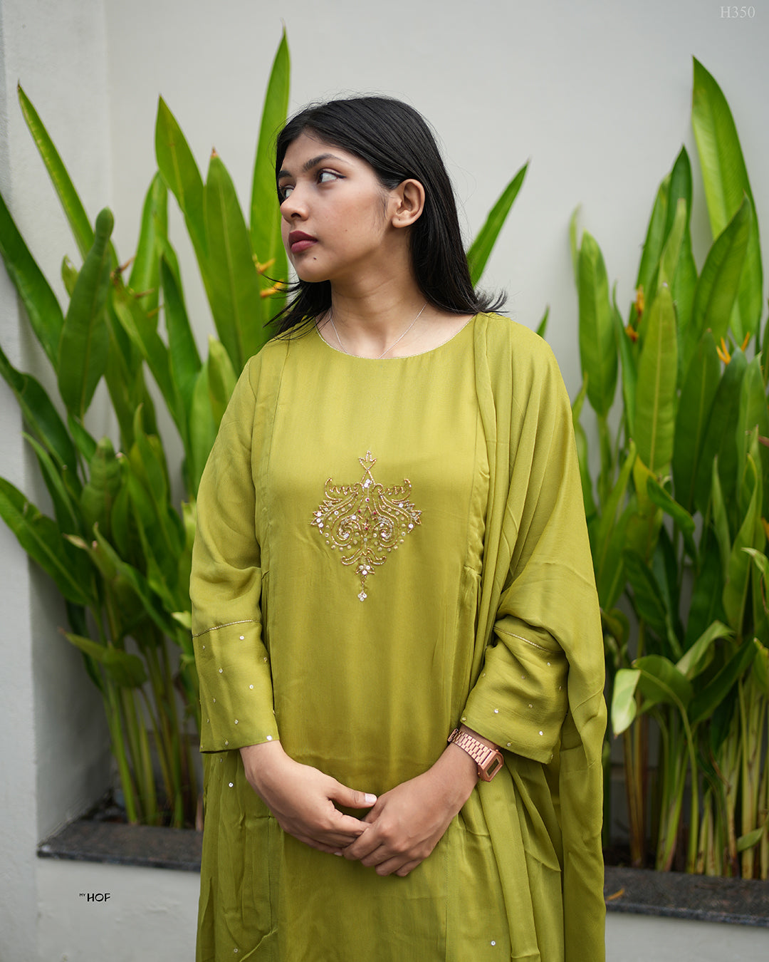 MY HOF Green Suit Set With Floral Hand Embroidery In Georgette